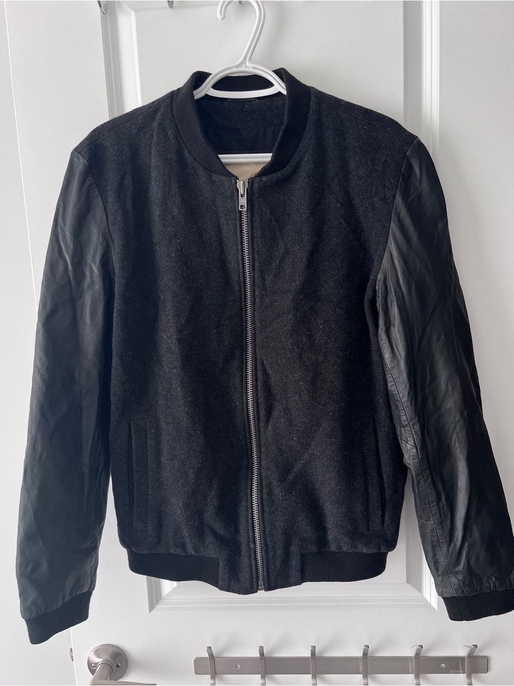 RVLT Revolution Black Bomber Jacket with Leather Sleeves